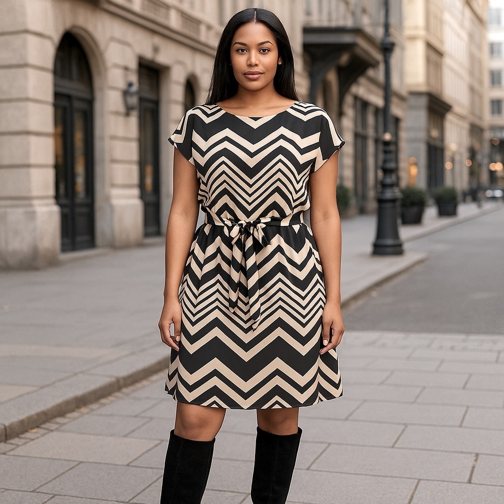 The Limited Black & Beige Chevron Print Belted Shift Dress Size 10